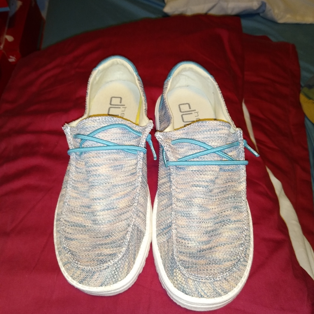 Hey Dude, women's, size 11, teal and multi-colored.